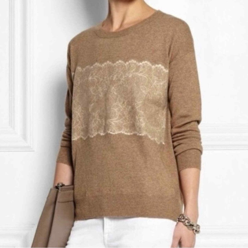 NWOT J. CREW Needle Punch Lace Wool Blend Crewneck Sweater brown cream size XXS